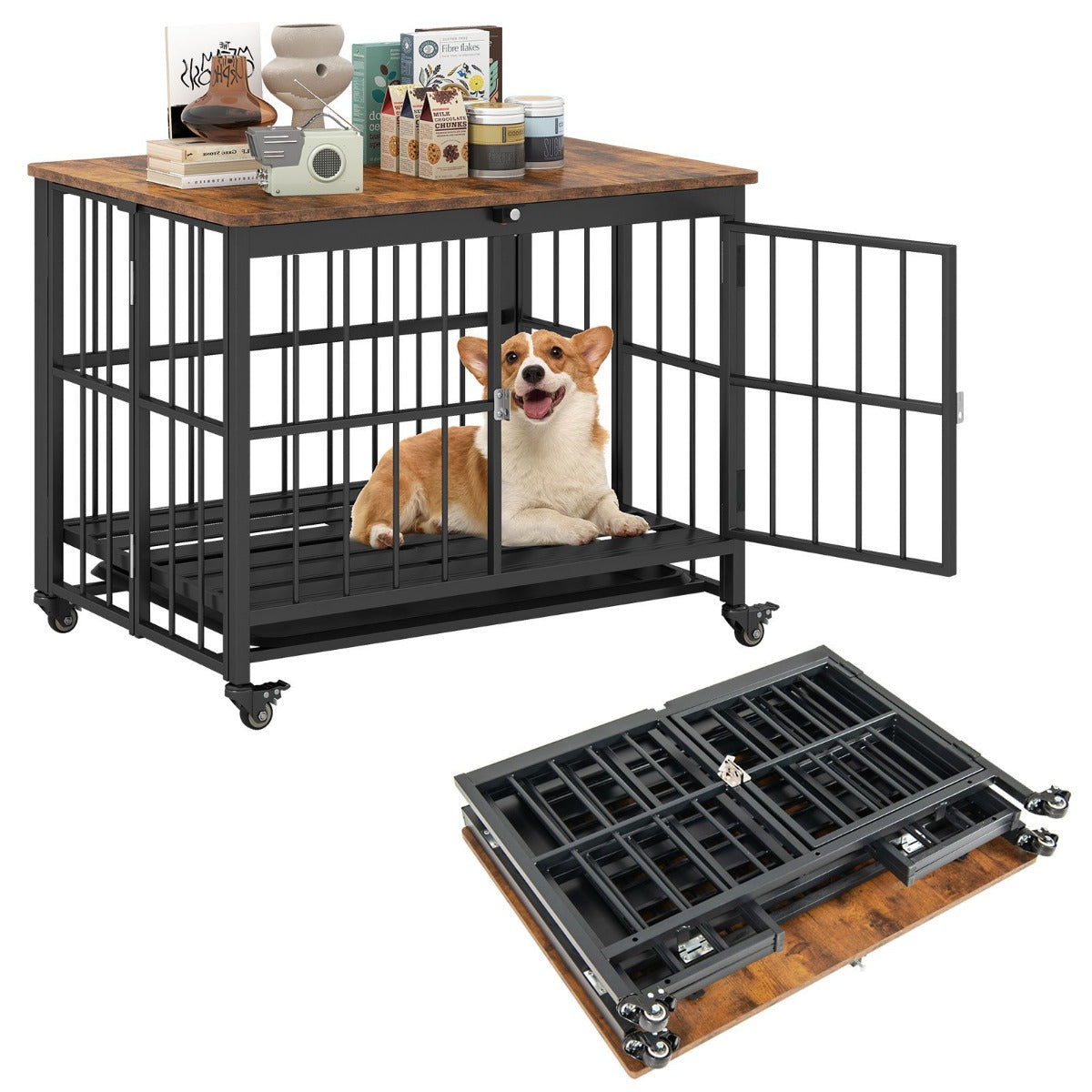 Hopfällbar – hundkoja med hjul, utdragbar bricka och låsbar dörr i sidobord Hundbur – 2 1 – Rustik brun