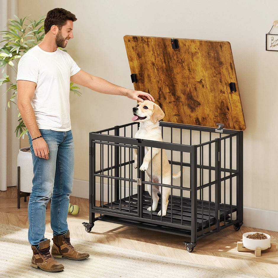 Hopfällbar – hundkoja med hjul, utdragbar bricka och låsbar dörr i sidobord Hundbur – 2 1 – Rustik brun