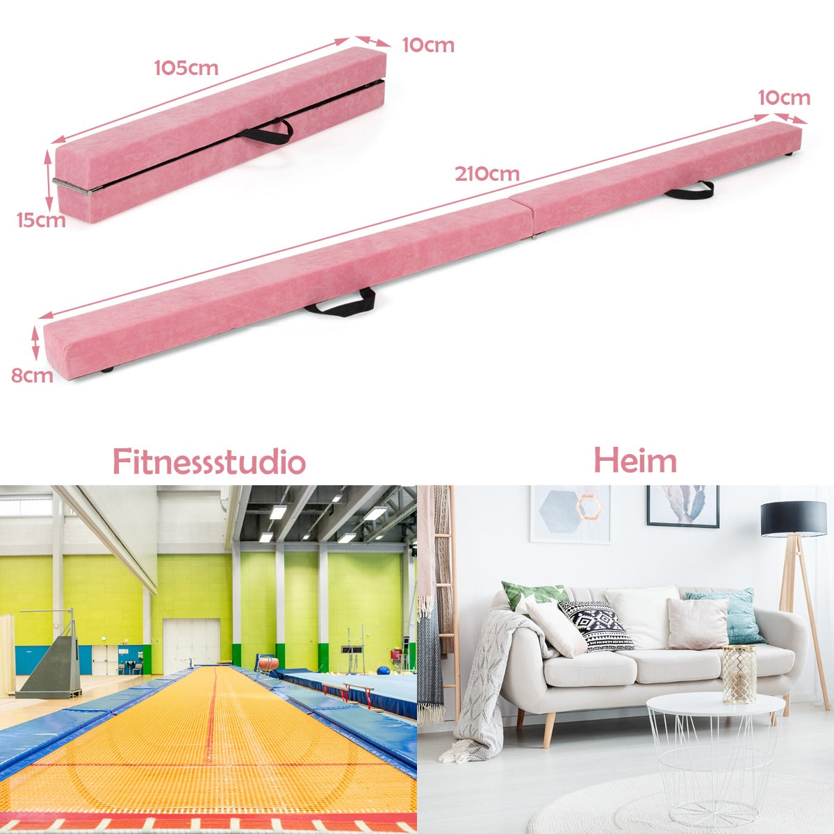 Balansbalk – Gymnastikträning Vikbar Slitstark Fitness – 2,1 m – Rosa
