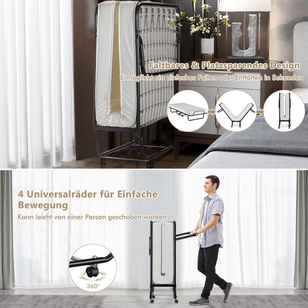 Hopfällbar – säng på hjul med madrass för vuxna tillverkad i Italien Ursprung: – 190 x 80 x 39 cm – Svart och vit