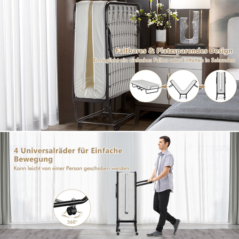 Hopfällbar – säng på hjul med madrass för vuxna tillverkad i Italien Ursprung: – 190 x 80 x 39 cm – Svart och vit