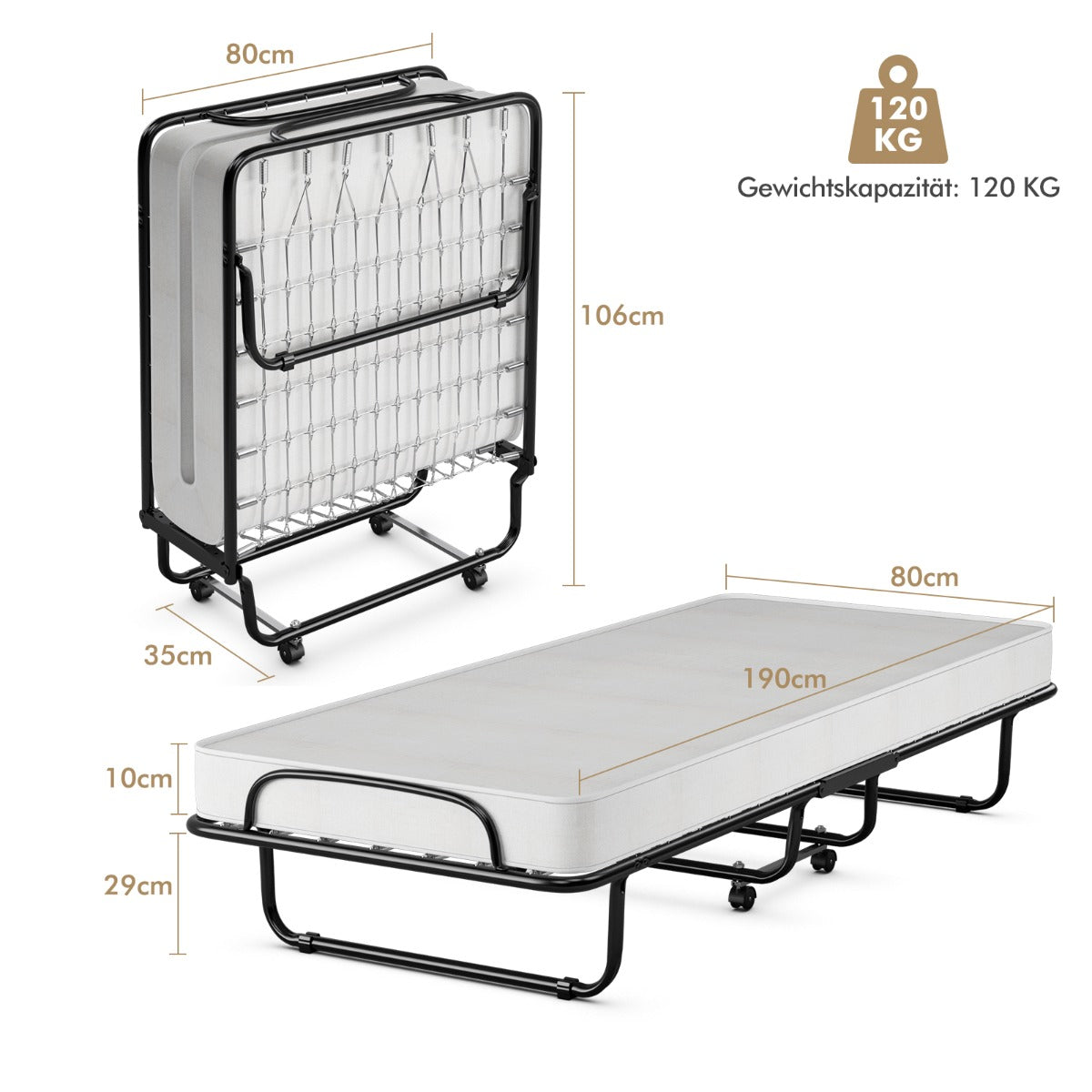 Hopfällbar – säng på hjul med madrass för vuxna tillverkad i Italien Ursprung: – 190 x 80 x 39 cm – Svart och vit