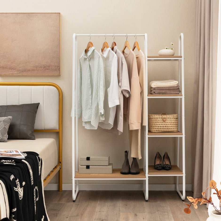 Klädställ – i metall med hyllor Modern bärbar garderob Organizer Natural – 4 – Natur