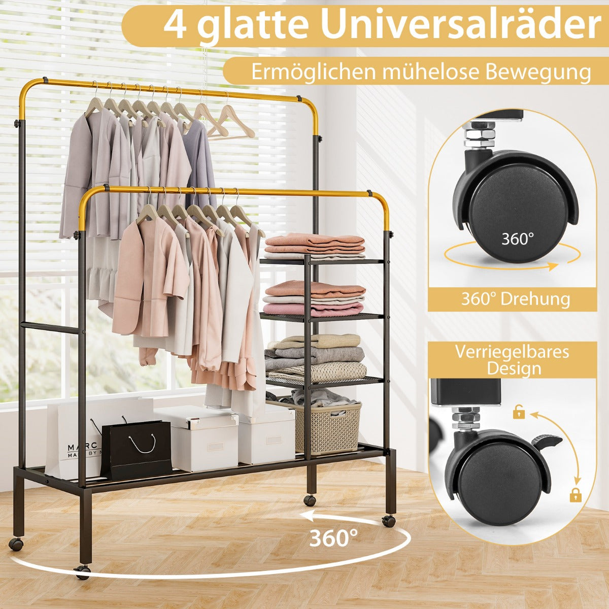 Klädställ – med klädstänger, på hjul, höjdjusterbar, – 2 135 x 54 x 170 cm – Guld