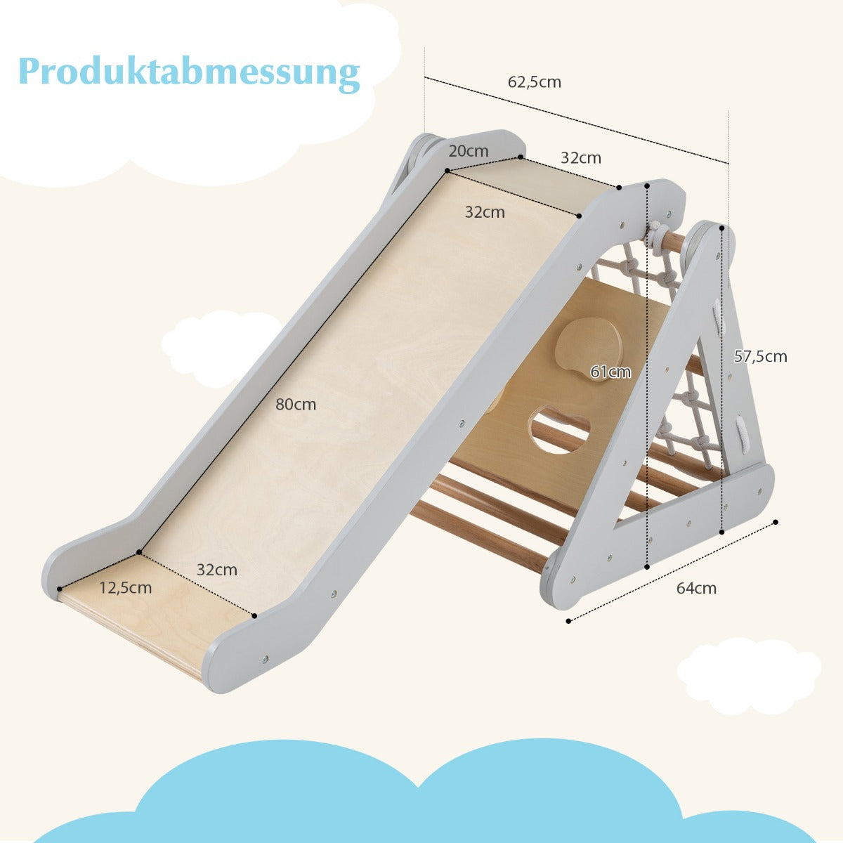 i – klättertriangel med rutschkana Träklätterställning – 4 1 62,5 x 64 x 57,5 cm – Grå