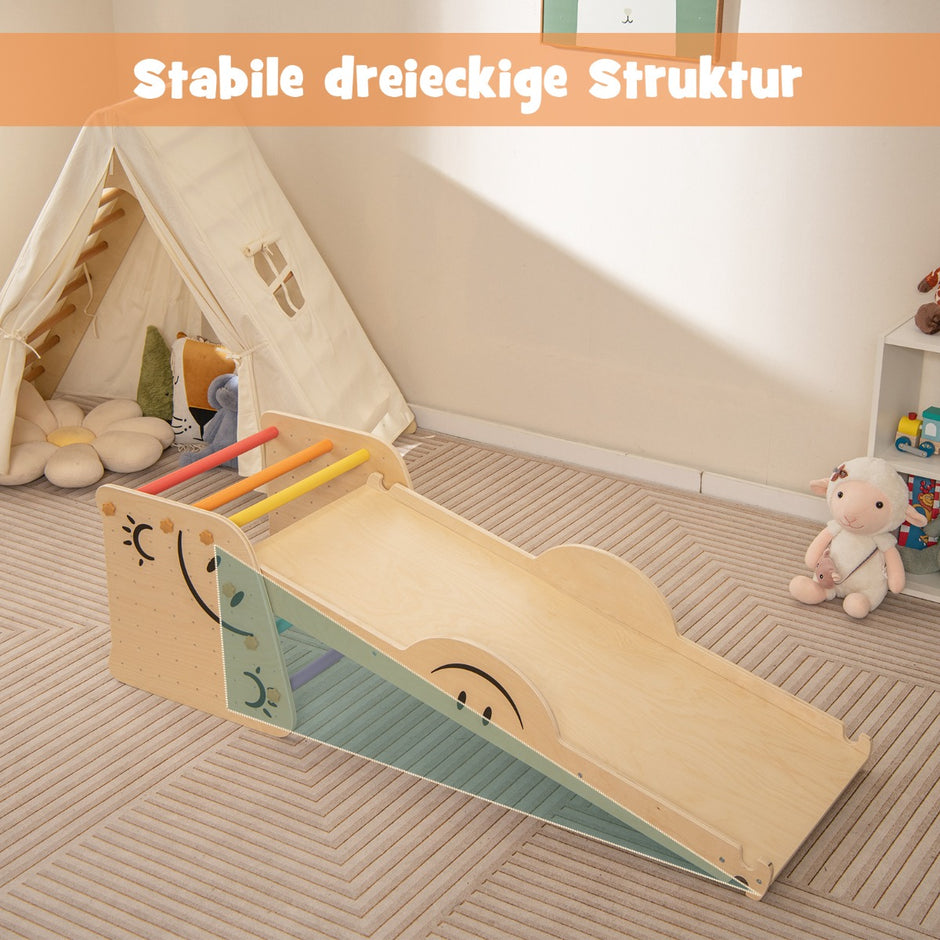 Träklättrare – set med vändbar ramp och gungbräda klätterstege smiley face patterns klätterleksak – Natur