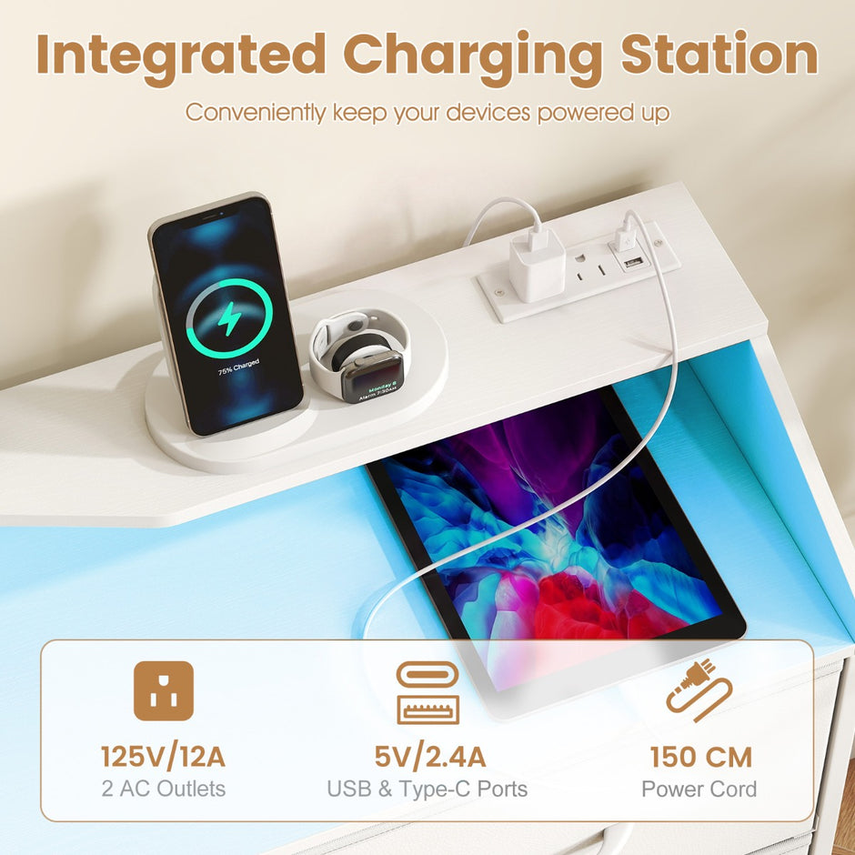 Kommod – med LED belysning, laddstation och tyg lådor sidobord vitt – 9 / – Vit