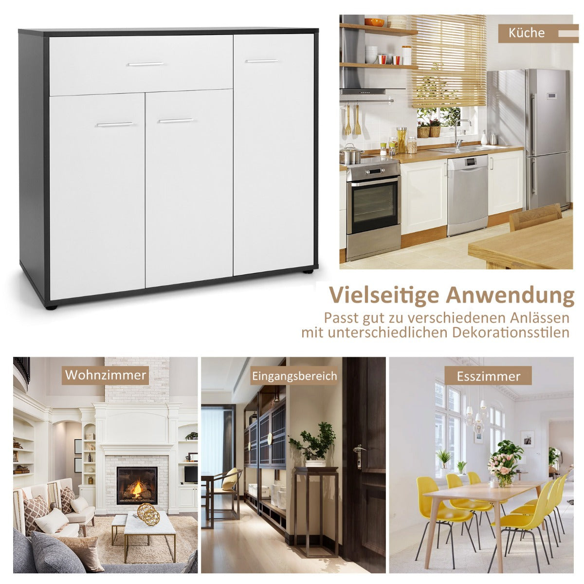 Byrå – Köksbufféskåp med låda Köksskåp ställbar hylla – 88 x 40 x 80 cm – Svart och vit