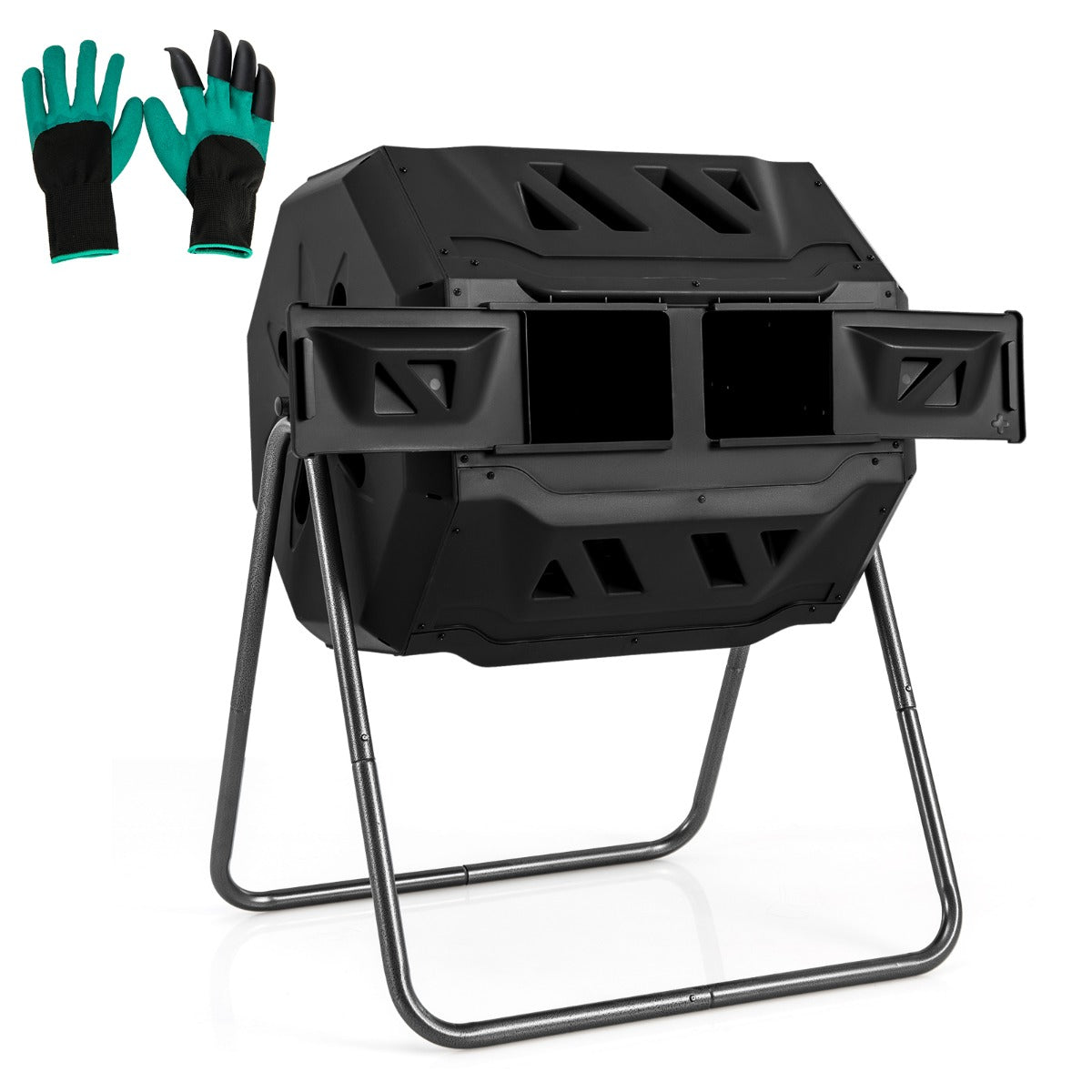 160L – Trumkompostör Trädgårdskompostor dubbelkammare 360° Vridbar – 70 x 63 x 93 cm – Svart