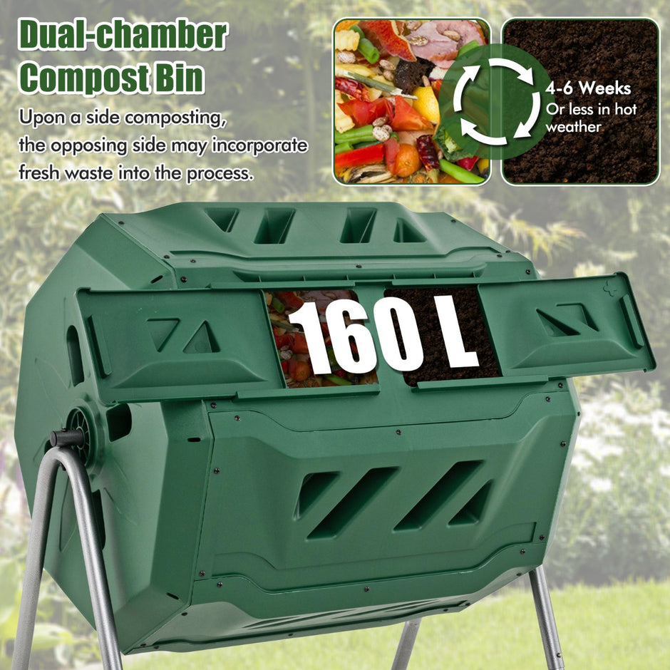 160L – Trumkompostör Trädgårdskompostor dubbelkammare 360° Vridbar – 70 x 63 x 93 cm – Grön