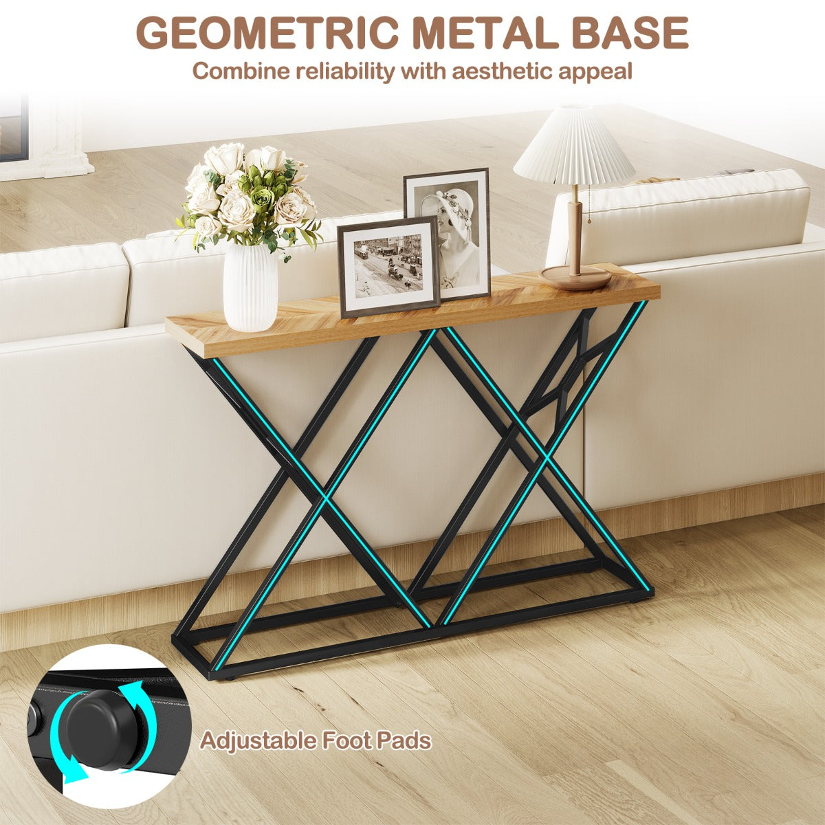 Konsollbord – Lantgårds hallbord med geometrisk Metallbasis industriell accentbord Träfärg – 140 cm – Trä