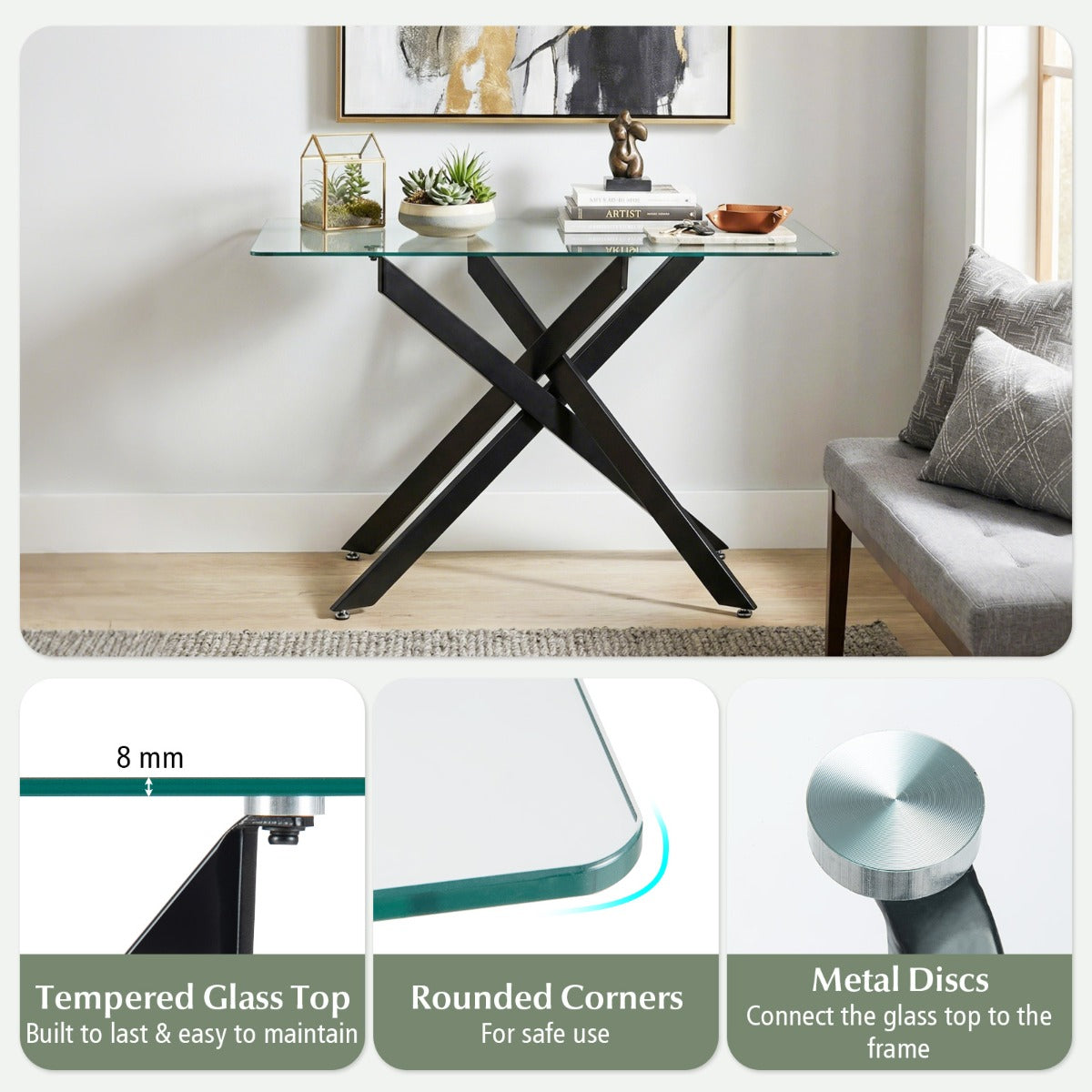 Modernt – Glasbord med Klar Härdad Glasplatta och Stabil Metallben Konsolbord – Guld