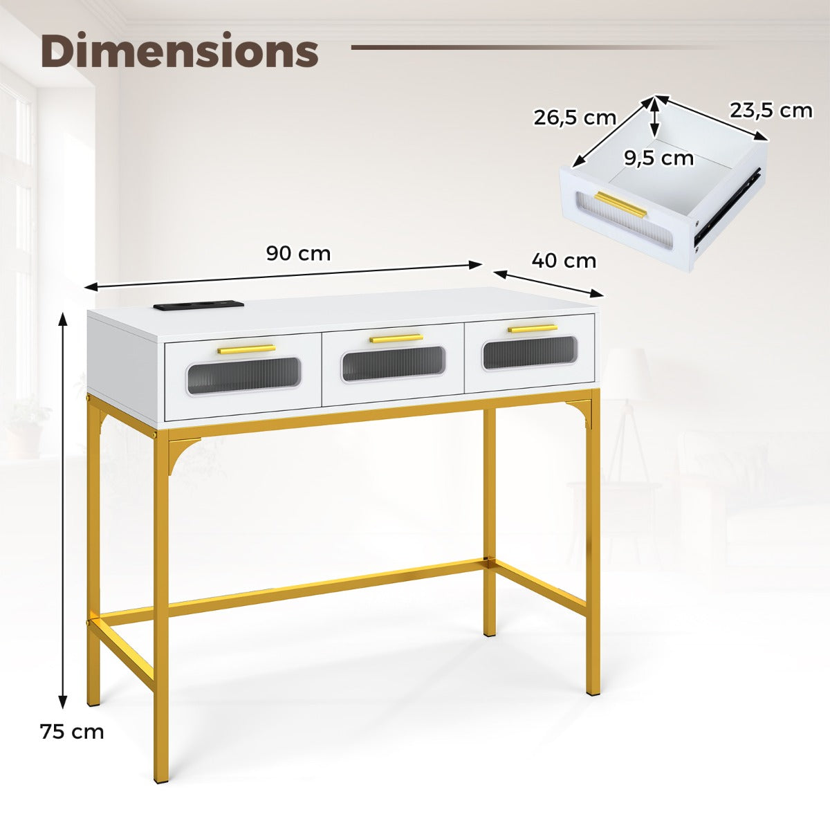 Konsolbord – entrébord med LED ljus och laddstation, smal soffbord vitt – 90 x 40 x 75 cm – Vit