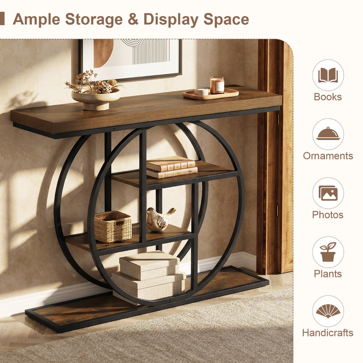 Smal – konsolbord med öppna hyllor, industriellt entrébord, korridorbord – 4 – Brun + svart