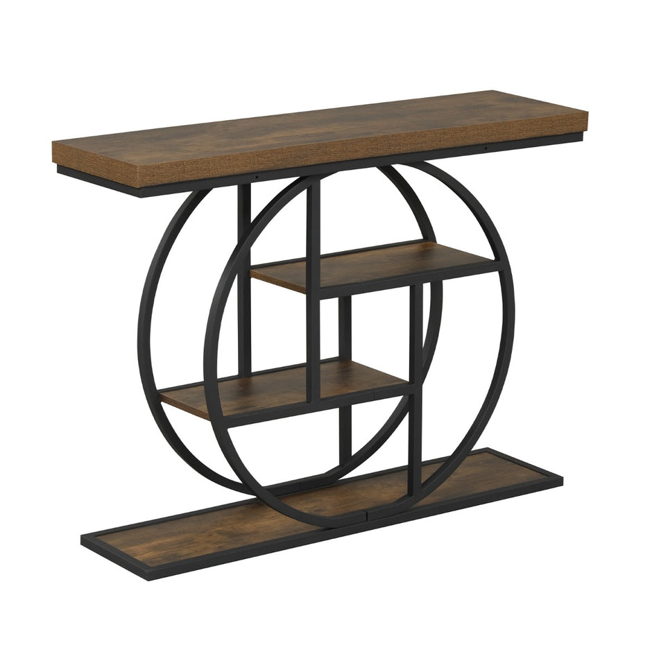 Smal – konsolbord med öppna hyllor, industriellt entrébord, korridorbord – 4 – Brun + svart
