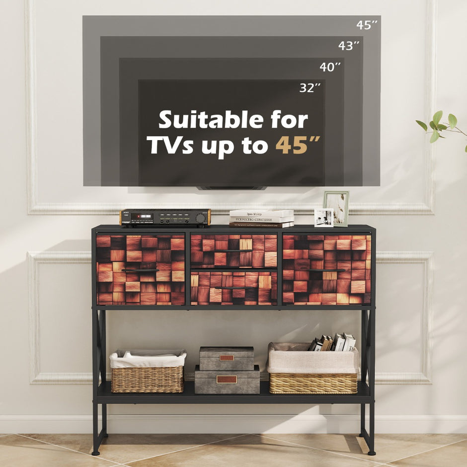 Konsolbord – med tygfack, hylla, metallram, trä, mosaikmönster, och – 4 – Kaffe