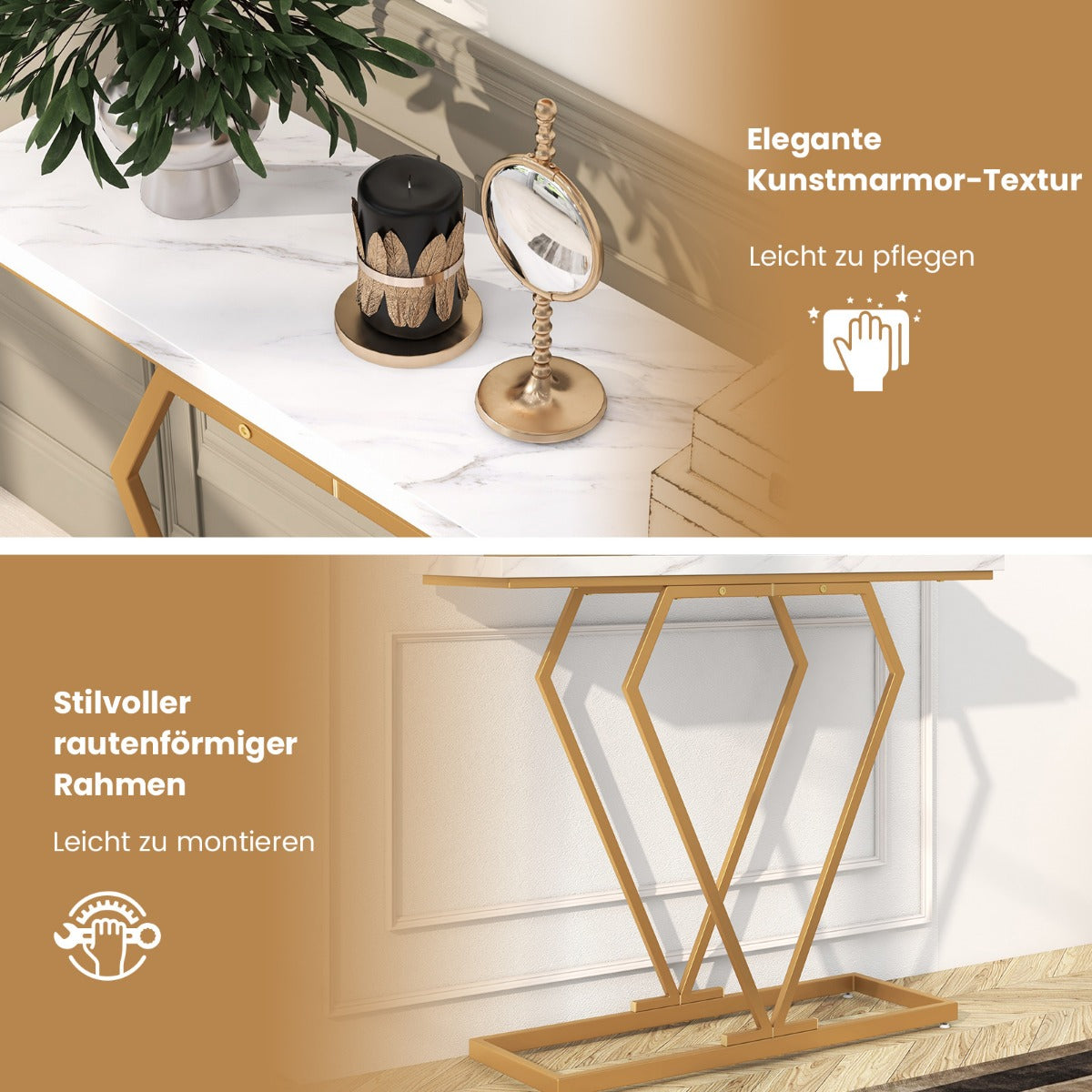 Konsolbord – entrébord smalt hallbord med sidobord i marmorlook för vardagsrum – 100 x 29,5 x 80 cm – Vit