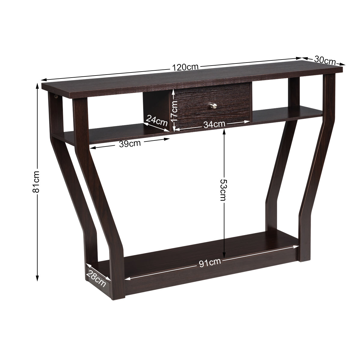 Konsolbord – Hallbord med låda och hylla – 120 x 30 x 81 cm – Brun