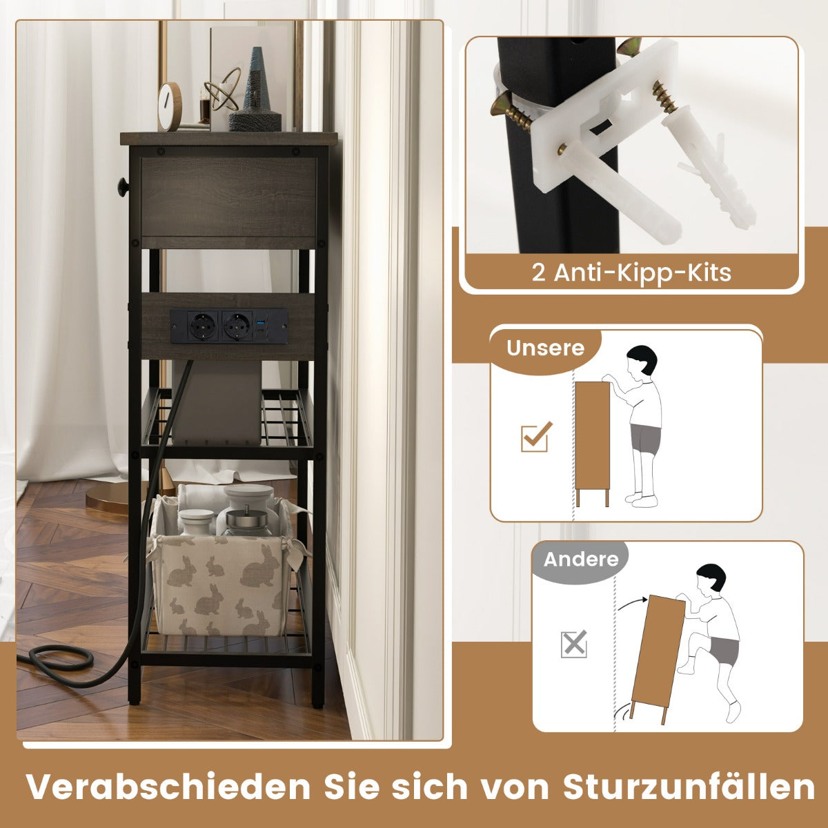 Konsolbord – med laddstation Hallbord lådor och metallnäthyllor – 2 2 – Grå