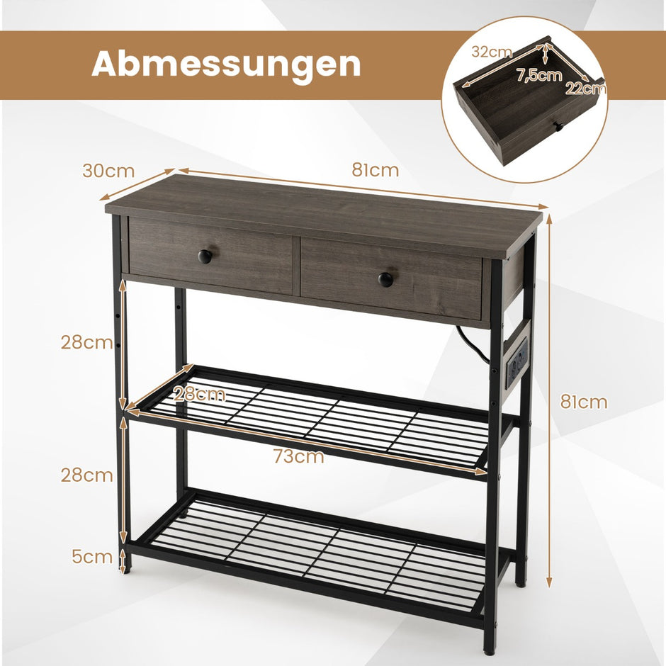 Konsolbord – med laddstation Hallbord lådor och metallnäthyllor – 2 2 – Grå