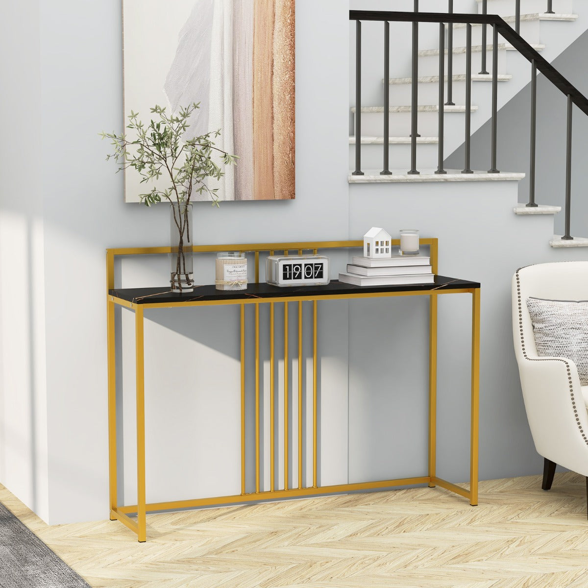 Konsolbord – med marmorlook och guldfärgad metallstomme Modernt hallbord – 120 cm – Svart