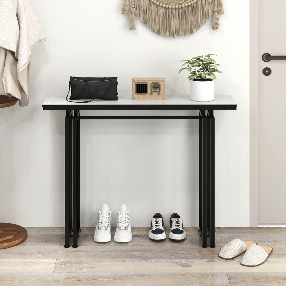 Konsolbord – marmorlook med metallram anti lutningsanordning och justerbara fotkuddar hallbord + – 110 x 30 x 81 cm – Svart och vit