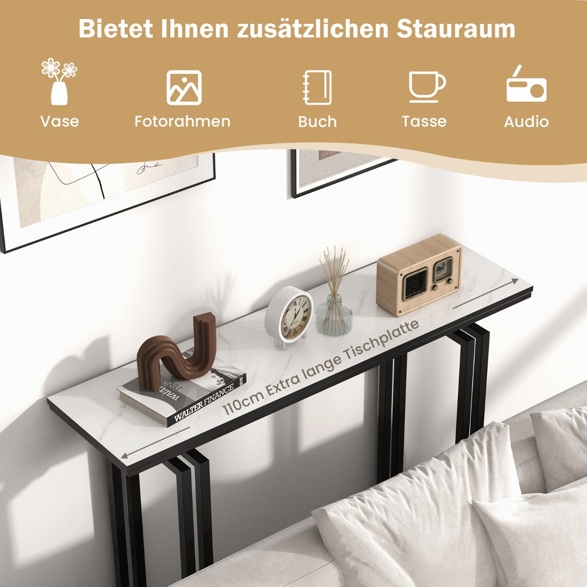 Konsolbord – marmorlook med metallram anti lutningsanordning och justerbara fotkuddar hallbord + – 110 x 30 x 81 cm – Svart och vit