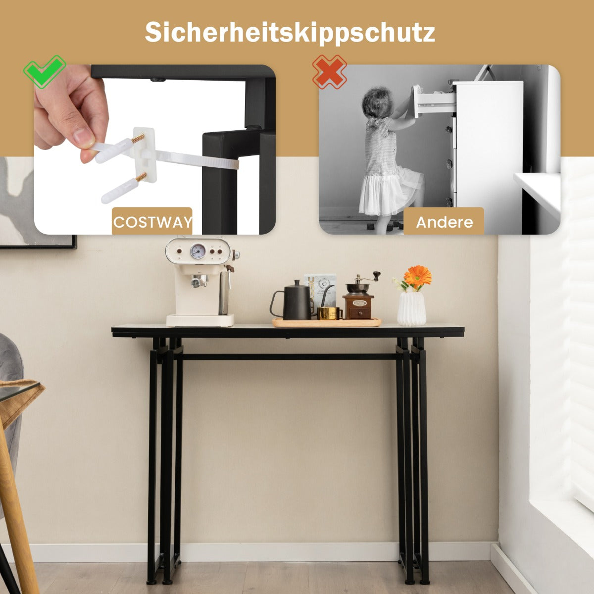Konsolbord – marmorlook med metallram anti lutningsanordning och justerbara fotkuddar hallbord + – 110 x 30 x 81 cm – Svart och vit