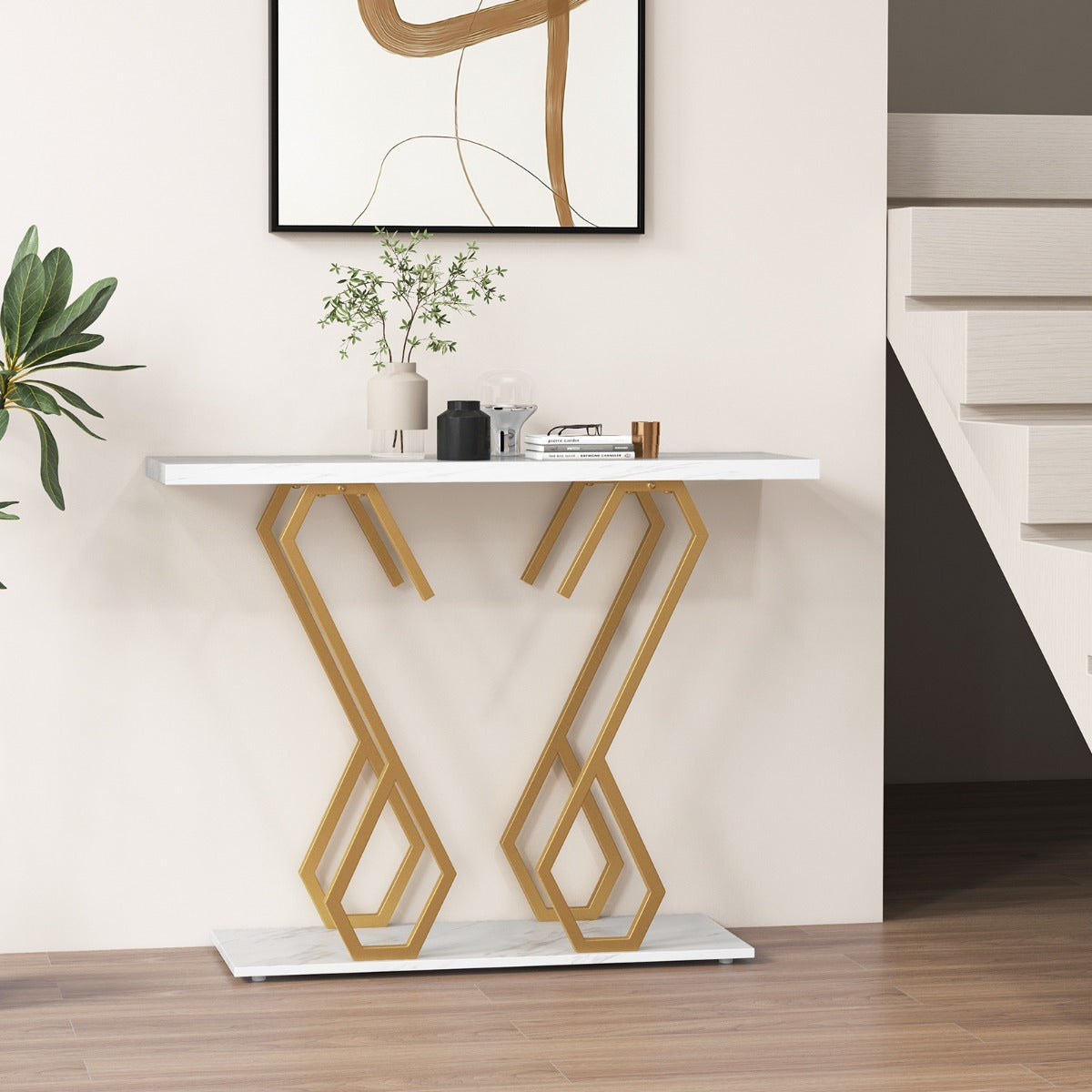 Konsolbord – tillverkat av konstgjord marmor Foajébord med justerbara fotkuddar vitt och – Guld