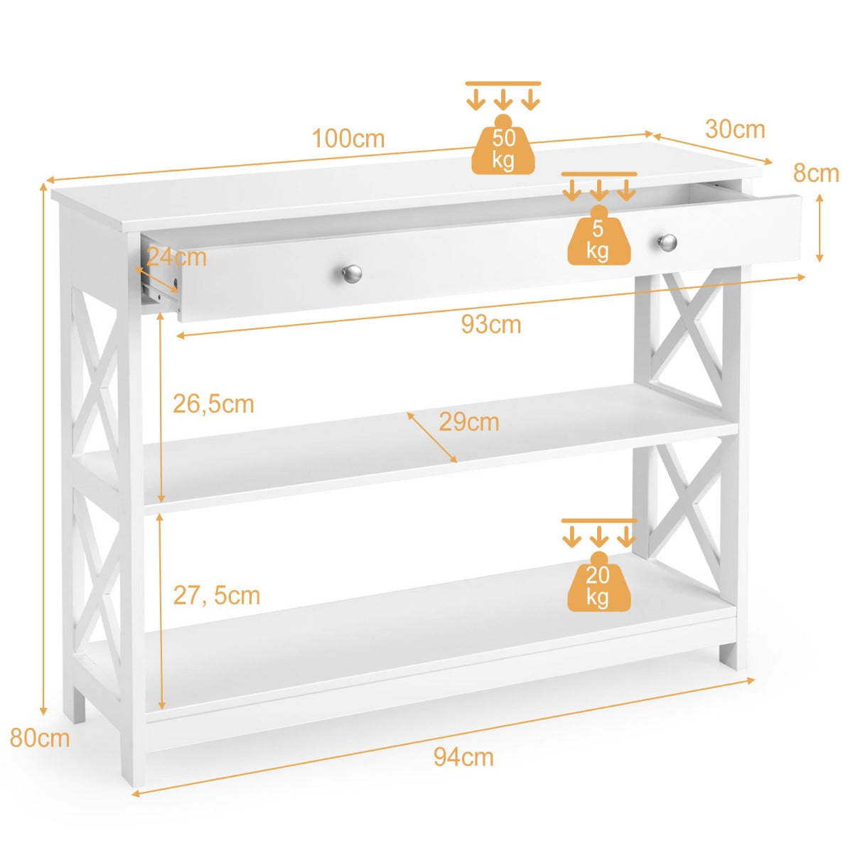 Konsolbord – vånings förvaringshylla med låda och hyllplan – 3 1 2 100 x 30 x 80 cm – Vit