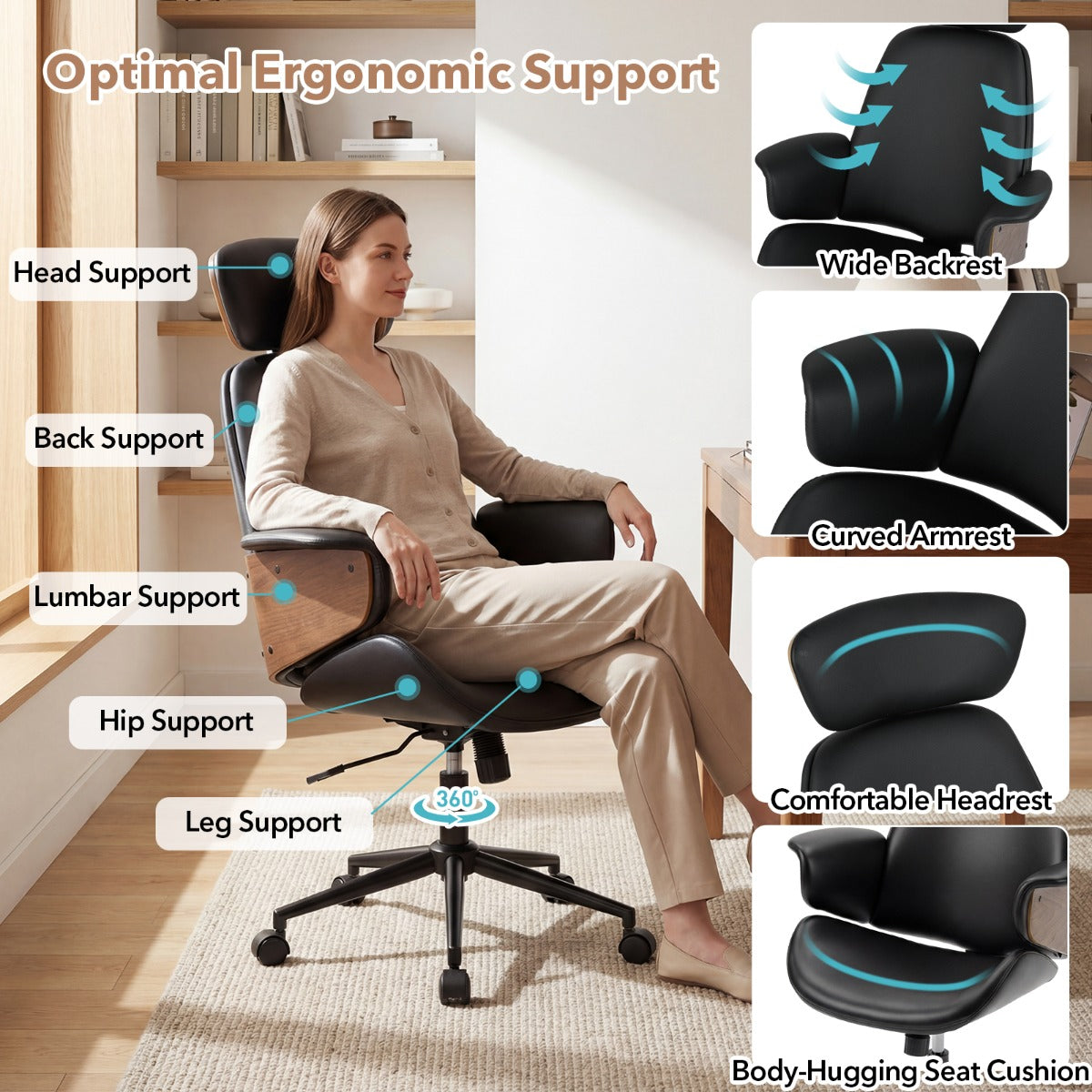 Ergonomisk – kontorsstol med böjda armstöd, ryggstöd och huvudstöd skrivbordsstol, roterande – Svart
