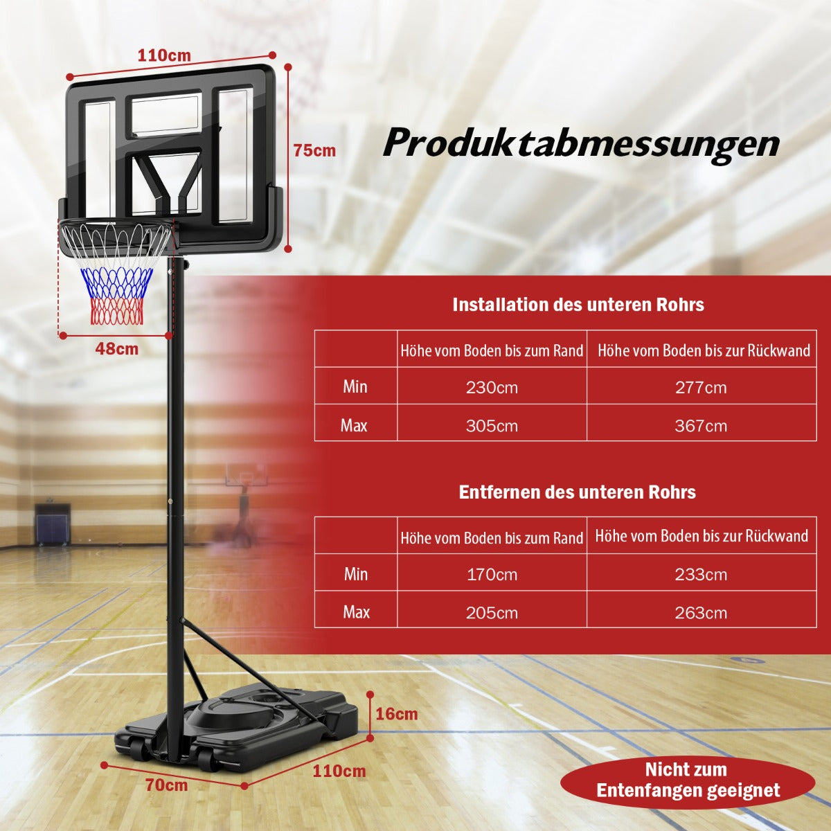 Höjdjusterbart – basketställ Utomhusbasketbåge med stativ – 170-305 cm – Svart