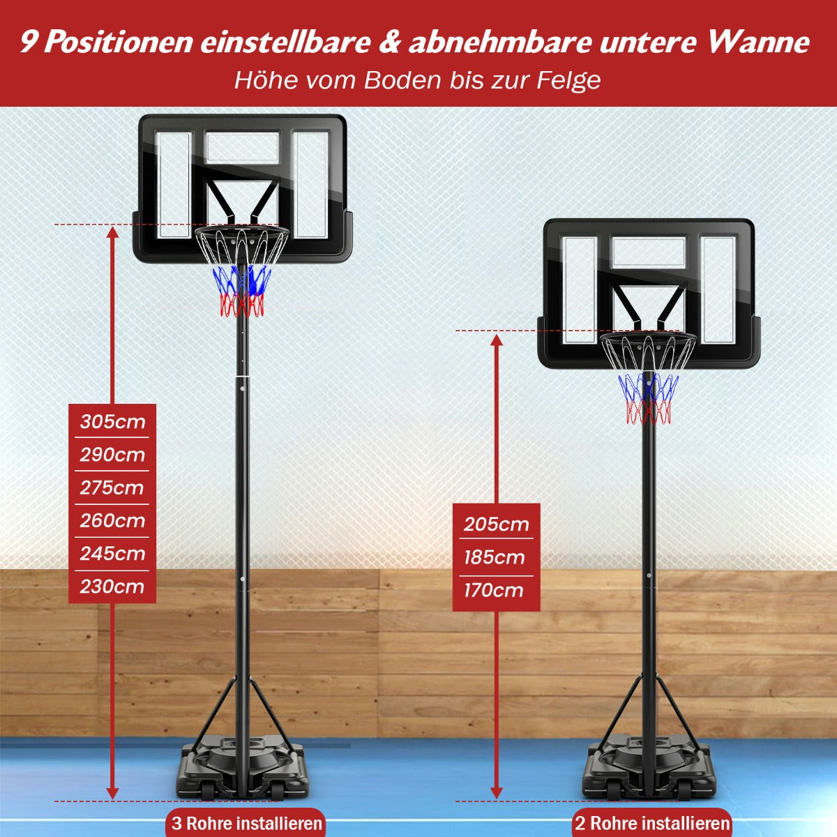 Höjdjusterbart – basketställ Utomhusbasketbåge med stativ – 170-305 cm – Svart