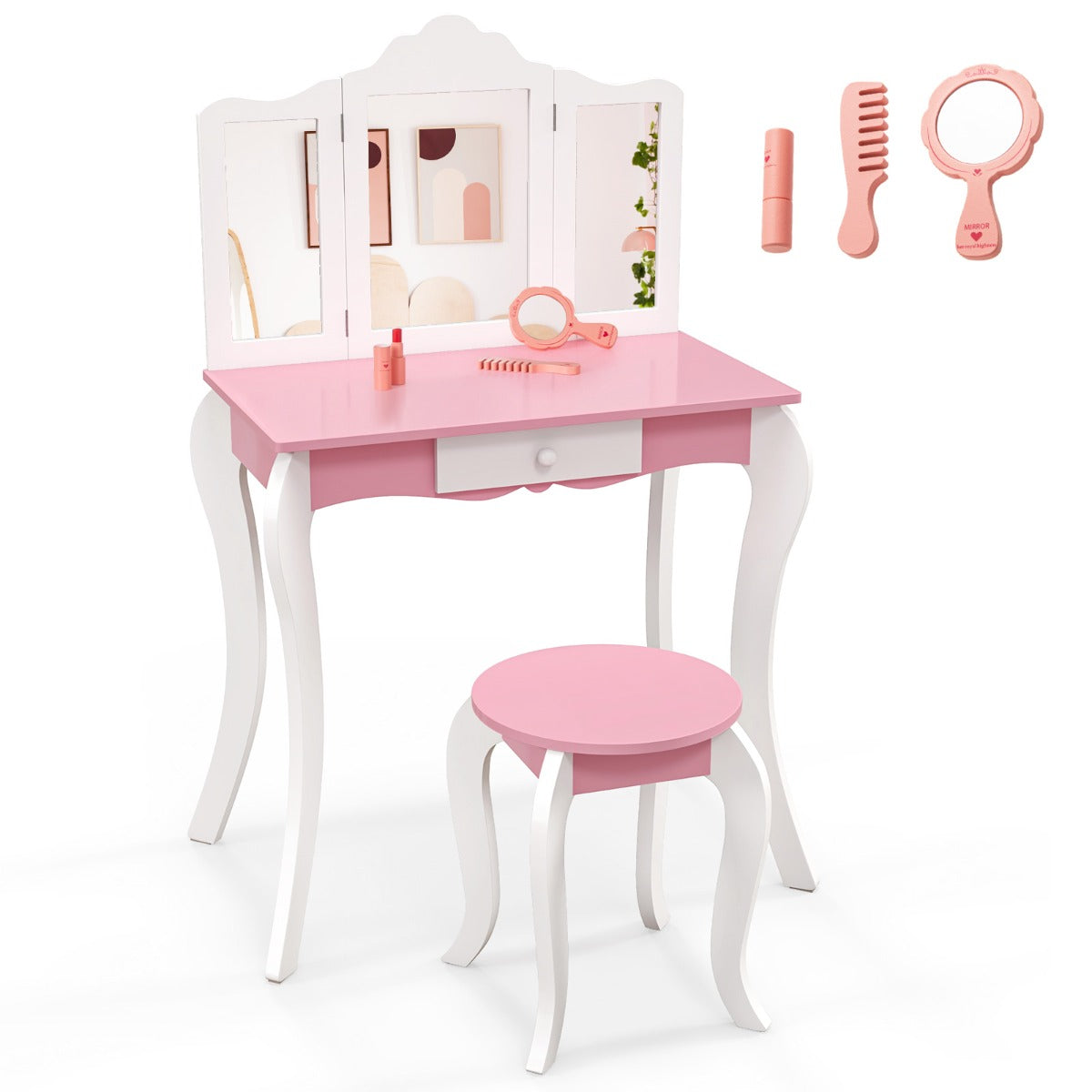 i – sminkbord för barn med pall och vägs avtagbar spegel – 2 1 3 – Rosa