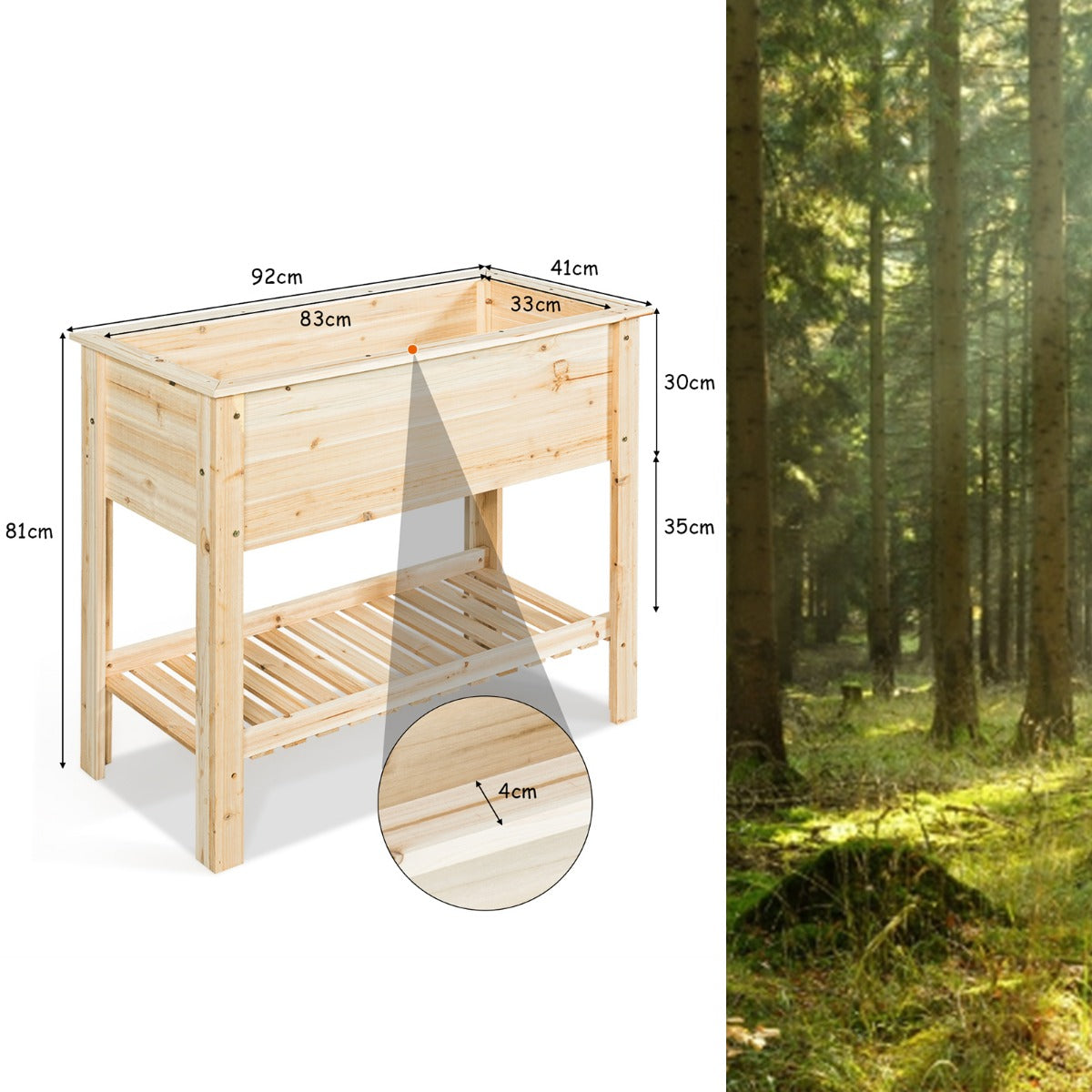 Upphöjd – bädd i trä med förvaringshylla för att odla växter – 92 x 41 x 81 cm – Natur