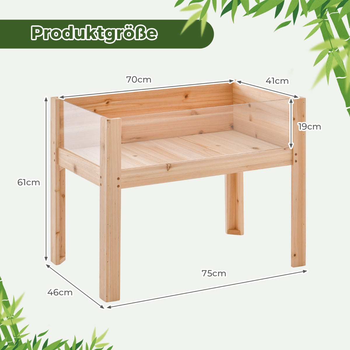upphöjd – bädd med dräneringshål och transparenta akrylpaneler – 50 L 75 x 46 x 61 cm – Natur