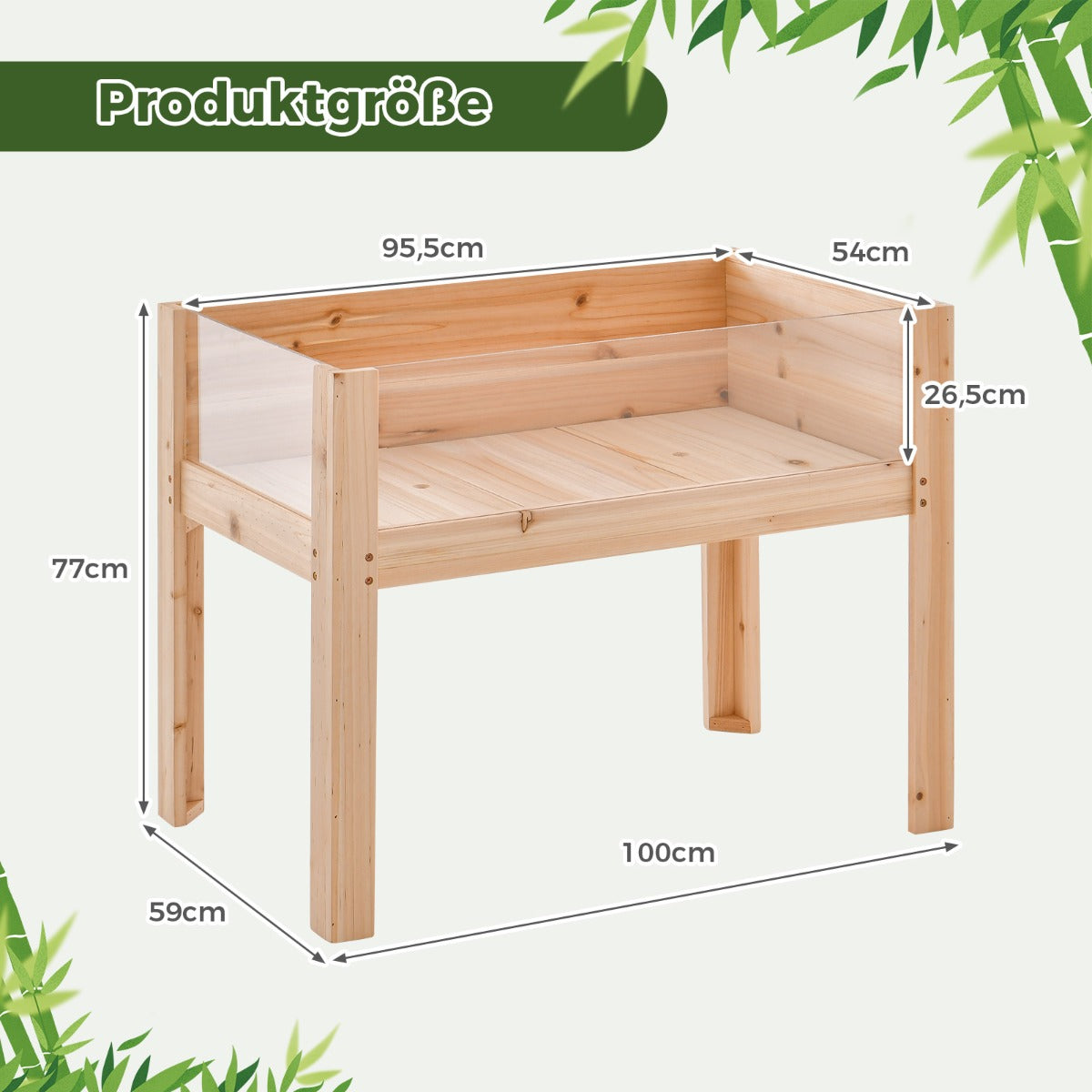 upphöjd – bädd med dräneringshål och transparenta akrylpaneler – 130 L 100 x 59 x 77 cm – Natur