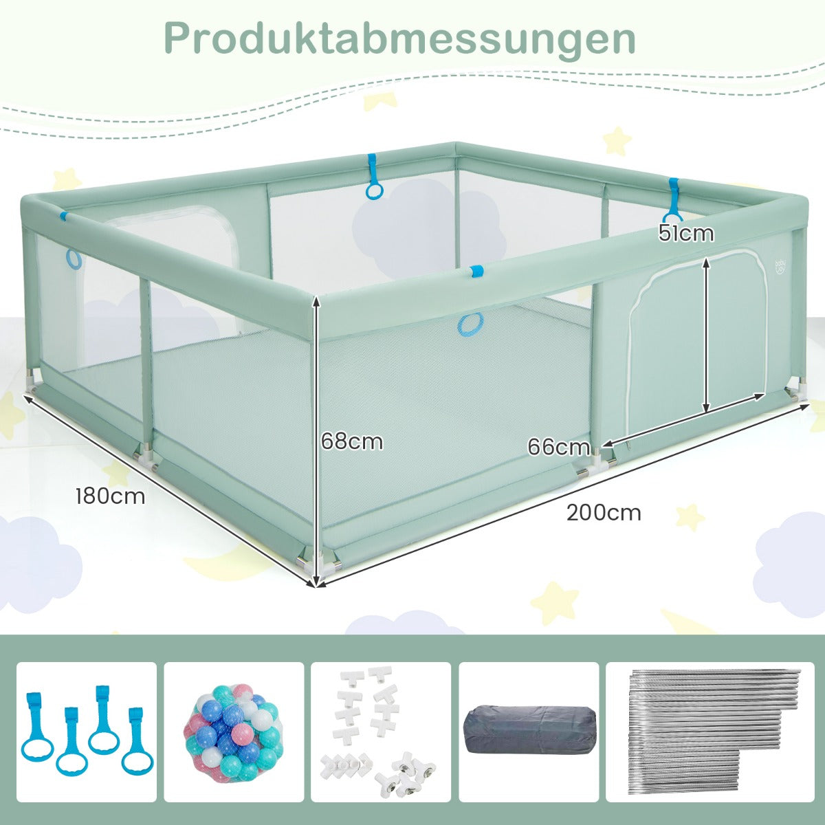 Babylekhage – med havskulor och handtag dörrlekhage Crawling Gate – 50 4 200 x 180 cm – Grön