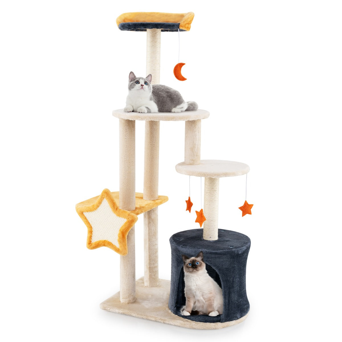 Skrapstolpe – kattträd med kattgrotta och plyschsits leksaker plattformar – 60 x 41 x 128 cm – Beige