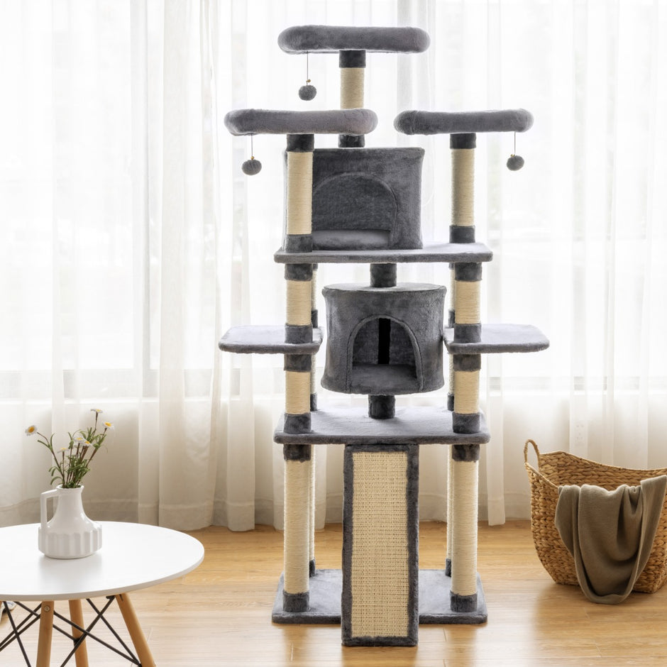 Klätterstolpe – Klätterträd Katt Skrapstolpe Skrapmöbler Klätterstolpar Grotta med lekbollar – 170 cm – Grå