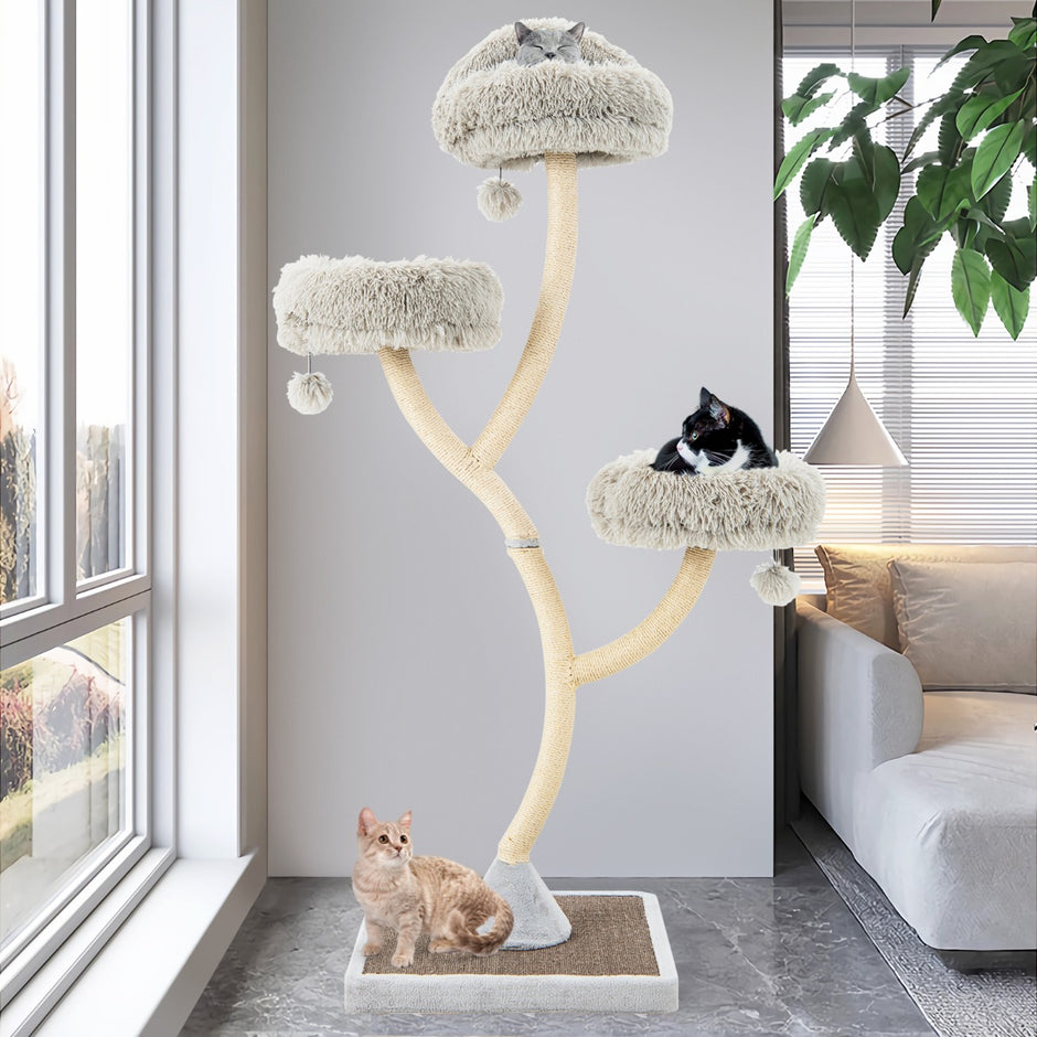Kattträd – med sisalskrapstolpar och varma viloplatser plyschbollar – 3 178 cm – Grå