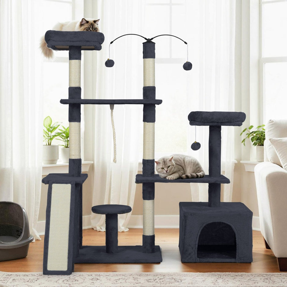 Kratzbaum – med roterbar design Kattklätterträd kattgrotta och ramp Klatsträd – Mörkgrå