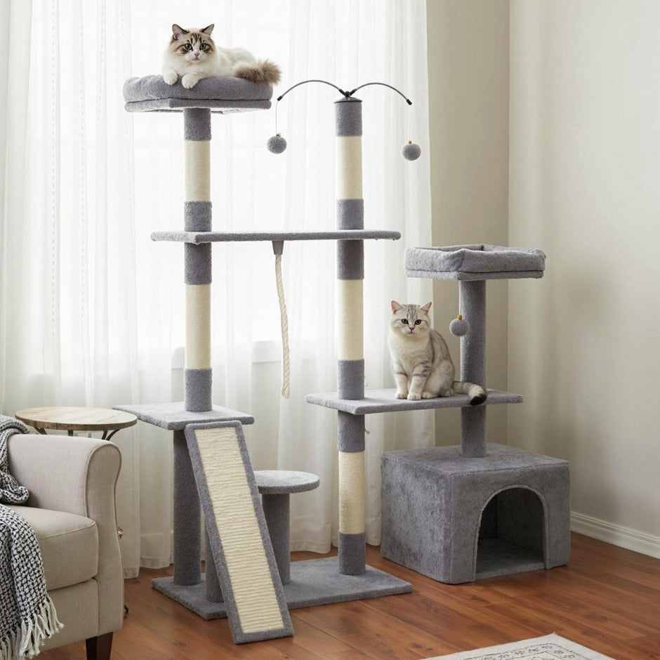 Kratzbaum – med roterbar design Kattklätterträd kattgrotta och ramp Klatsträd – Ljusgrå