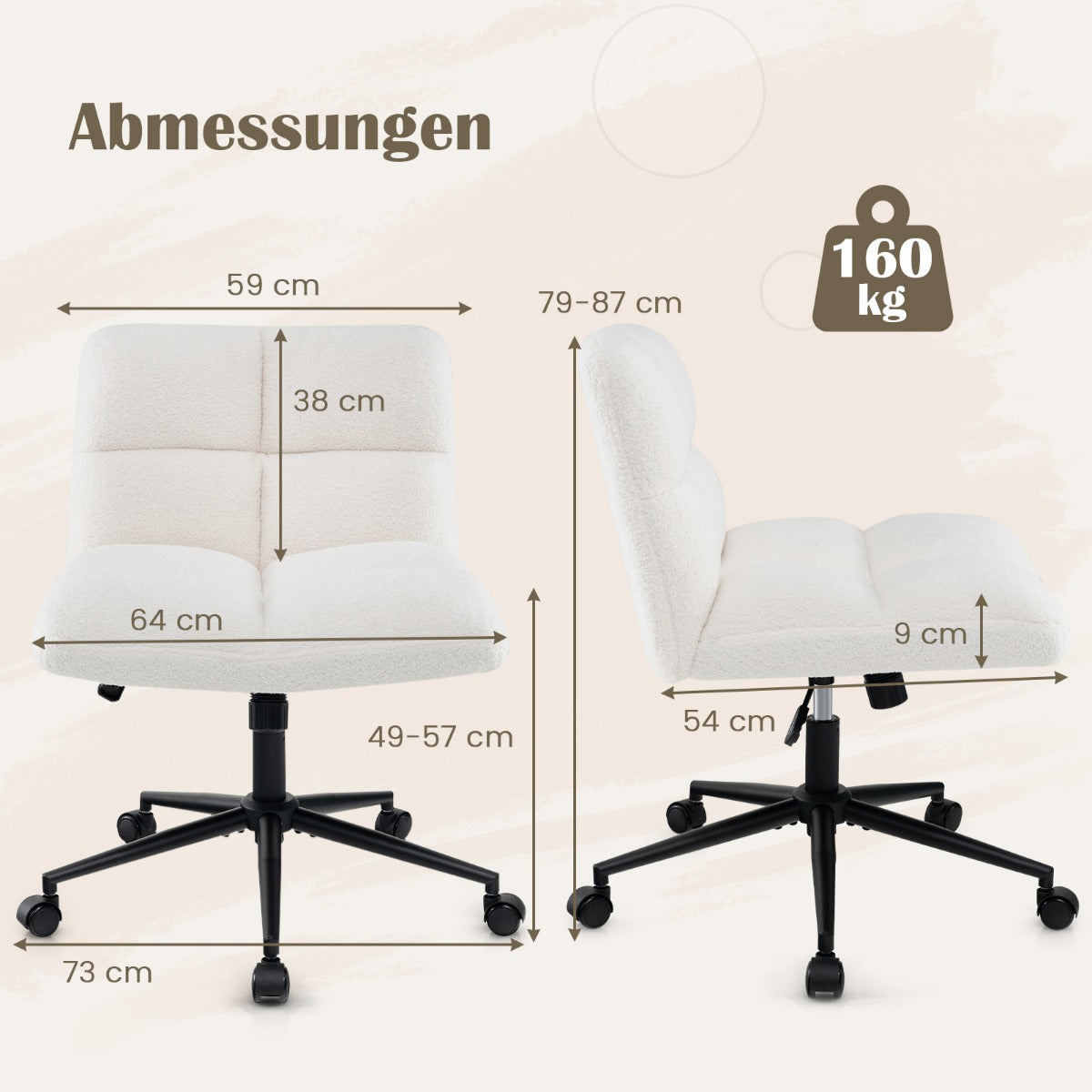 Kontorsstol – utan armstöd Arbetsstol med bred sits lastkapacitet för hemmakontor – 160 kg – Beige