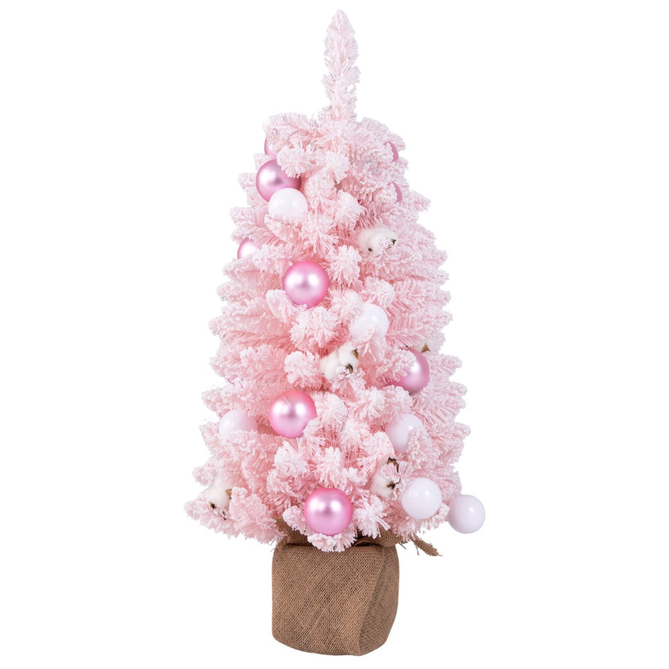 Mini – konstgjord julgran med snö och cementbas – 90 cm – Rosa