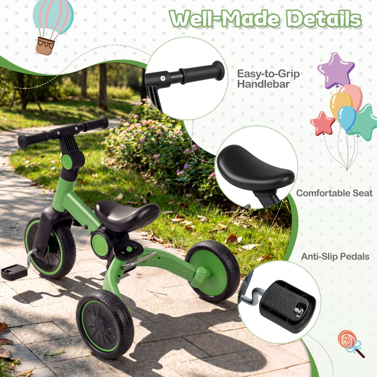 i – Barncykel Barnbalanscykel med avtagbara pedaler justerbar handtag – 5 1 – Grön