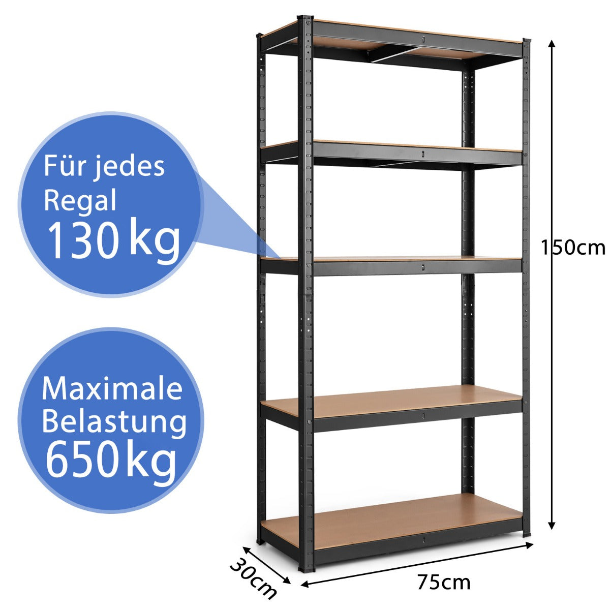 Förvaringsställ – med nivåer metallram Metallhylla upp till Lastkapacitet – 5 650 kg 75 x 30 x 150 cm – Svart