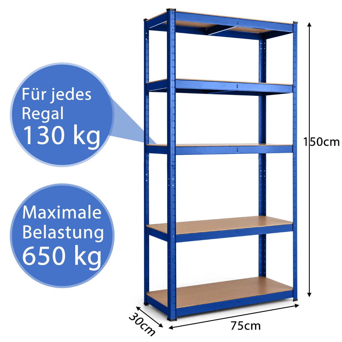 Förvaringsställ – med nivåer metallram Metallhylla upp till Lastkapacitet – 5 650 kg 75 x 30 x 150 cm – Blå