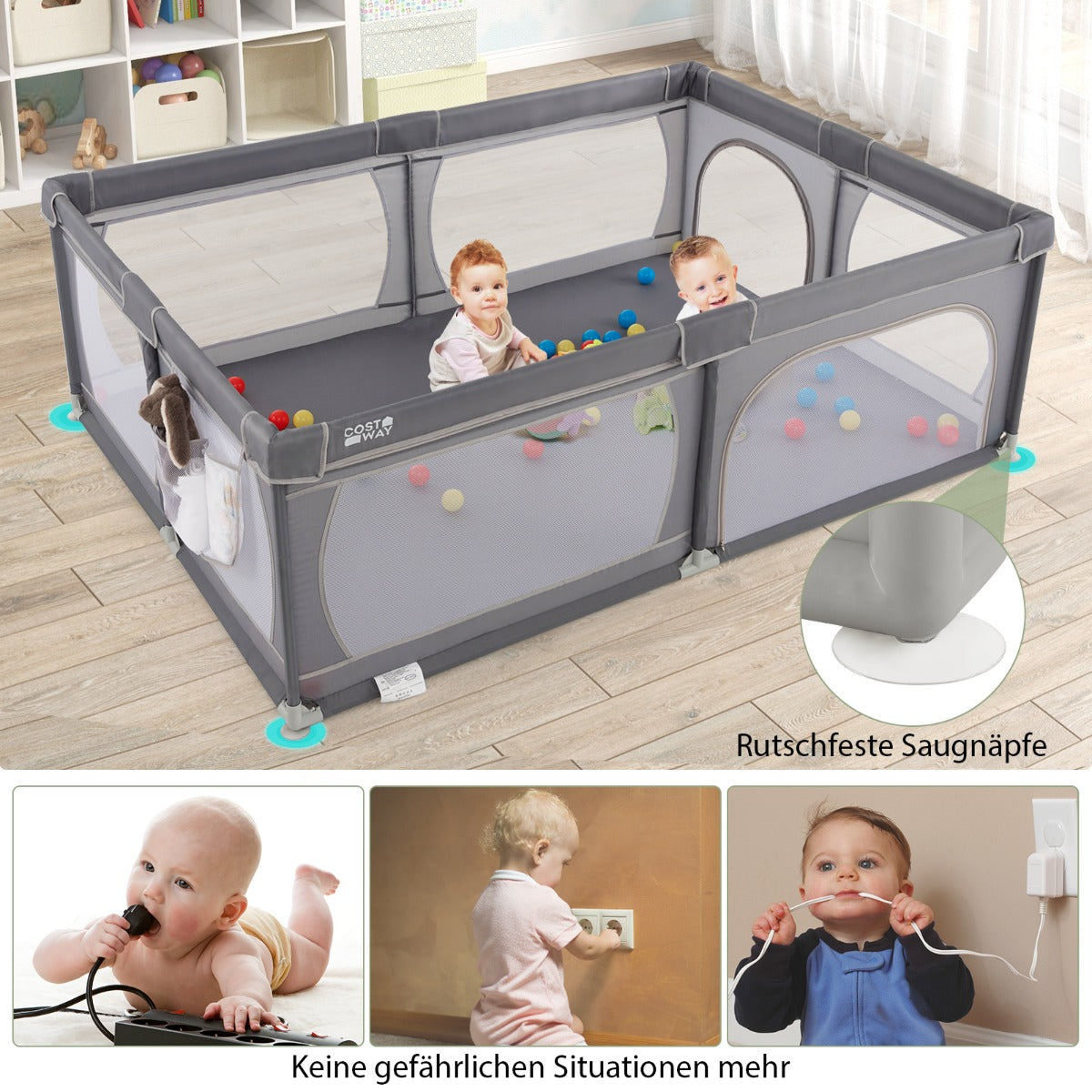 Baby – lekhage med bollar och dörrar andningsbart nät – 50 2 – Mörkgrå