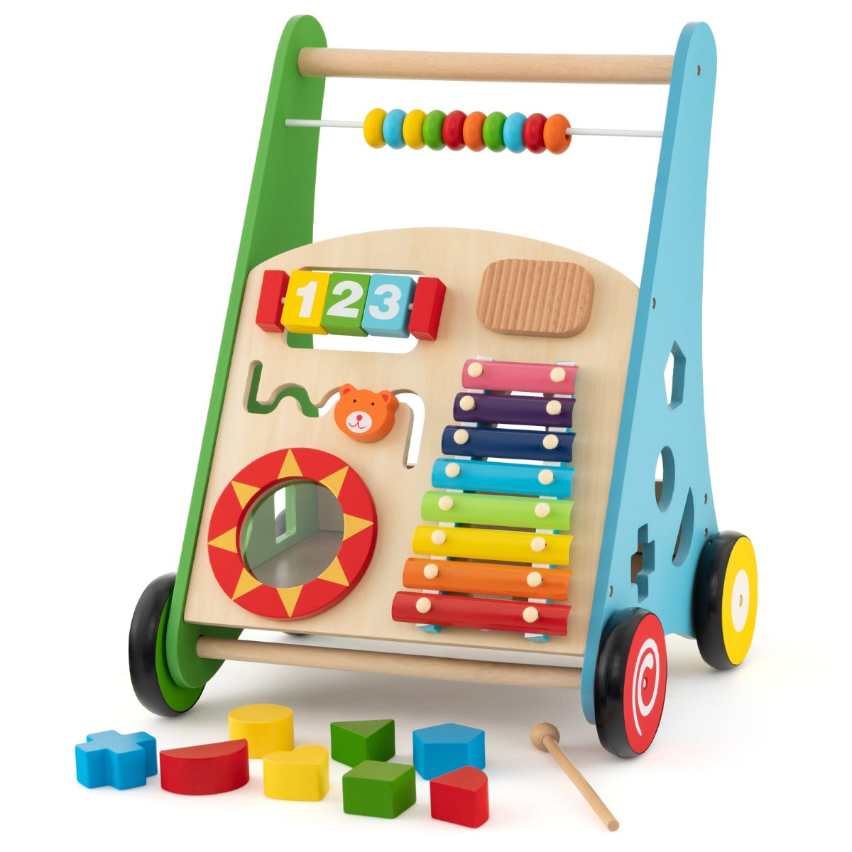 Baby – Walker gjord av trä Drag along inlärningsaktivitet – 36 x 32 x 47 cm – Färgglad